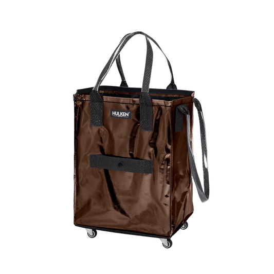 Brown shopping tote/cart with black handles and wheels on a white background