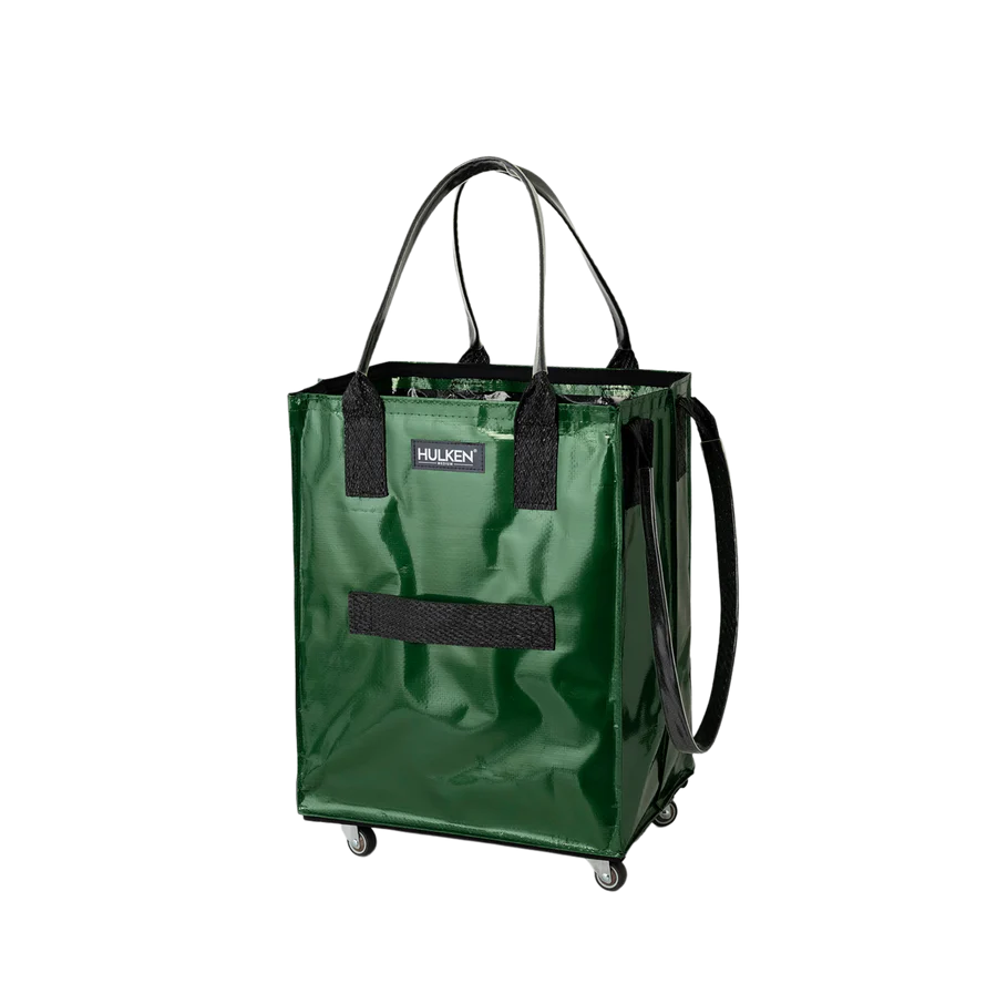 A green rolling utility tote bag with black handles, a black front strap, and small caster wheels at the base. The brand name 'hulken' is visible on a small black label on the front.