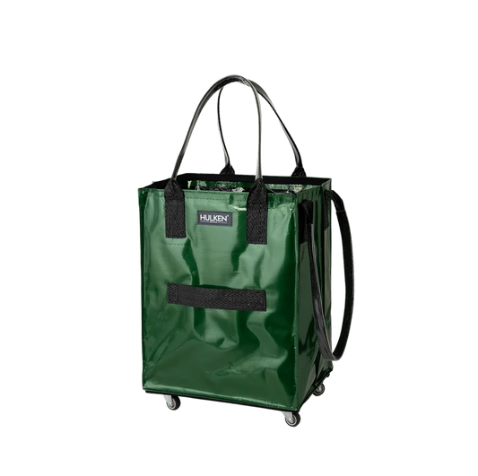 A green rolling utility tote bag with black handles, a black front strap, and small caster wheels at the base. The brand name 'hulken' is visible on a small black label on the front.