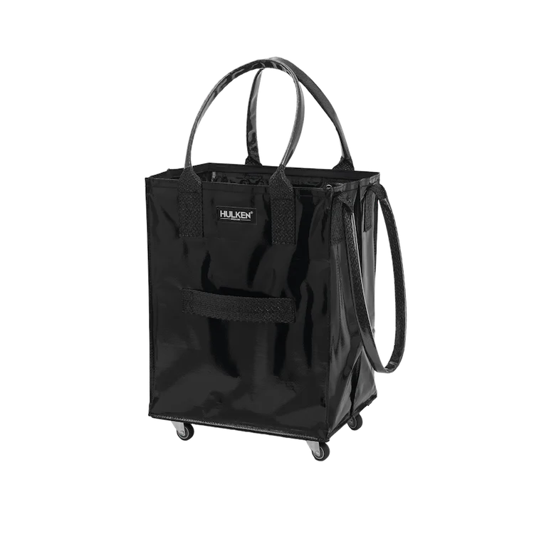 Black shopping cart bag with wheels on a white background