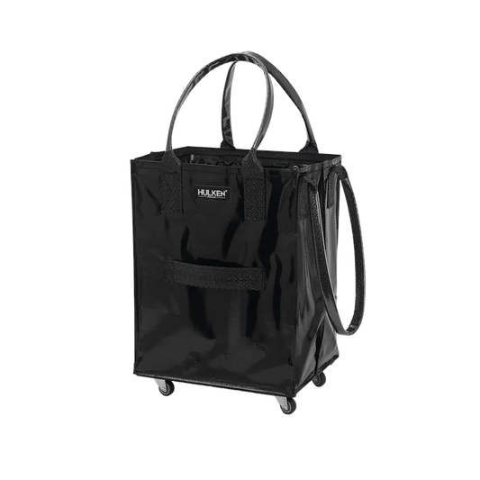 Black shopping cart bag with wheels on a white background