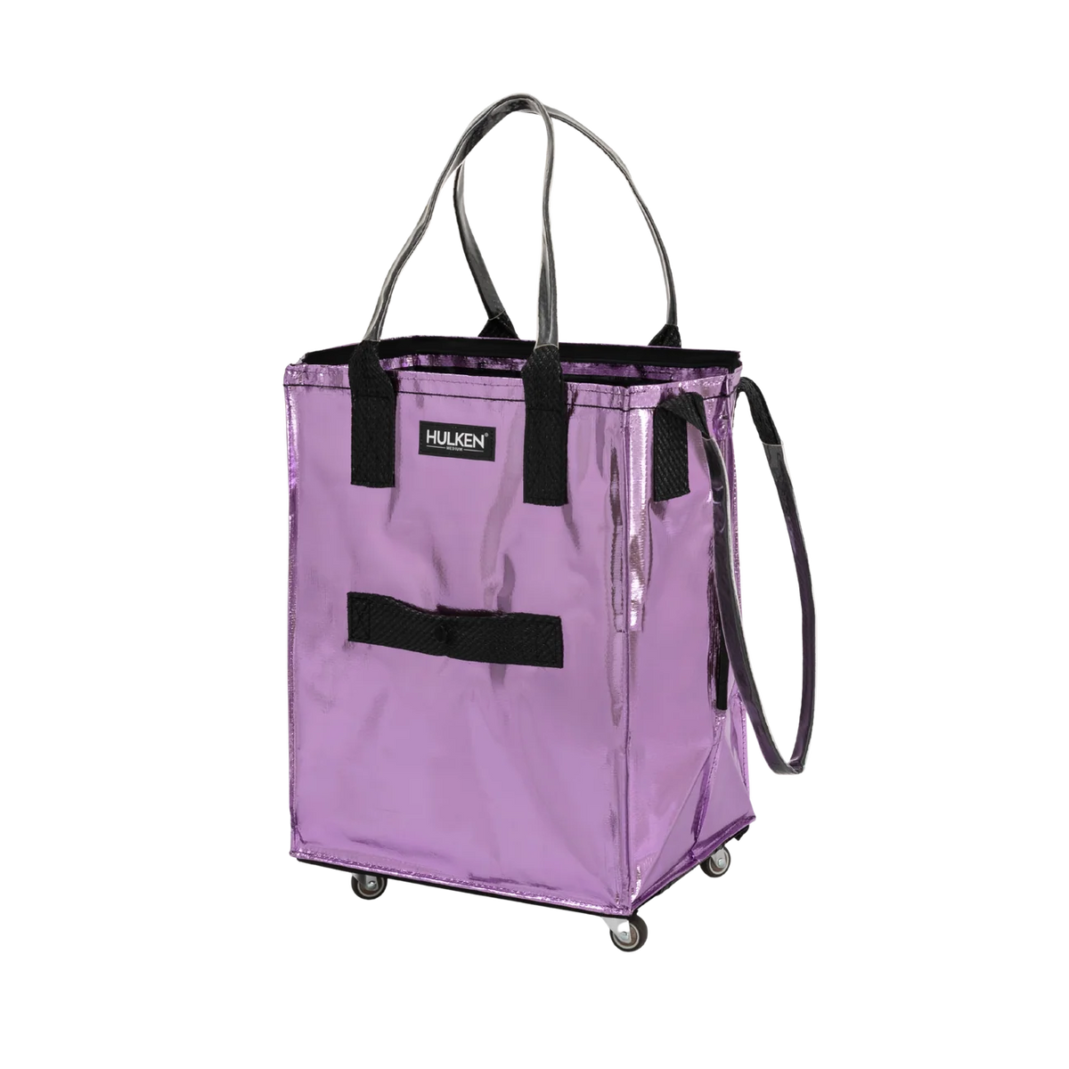 A metallic lavender purple rolling utility tote bag with black handles, a black front strap, and a visible Harken logo patch on the front, shown on a plain white background.