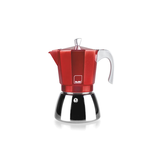 A red and silver stovetop moka pot espresso maker on a clean white background.