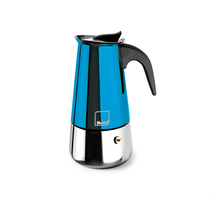 A stovetop moka pot espresso maker with a metallic blue body, polished silver aluminum base, and a black plastic handle and lid, shown on a white background.