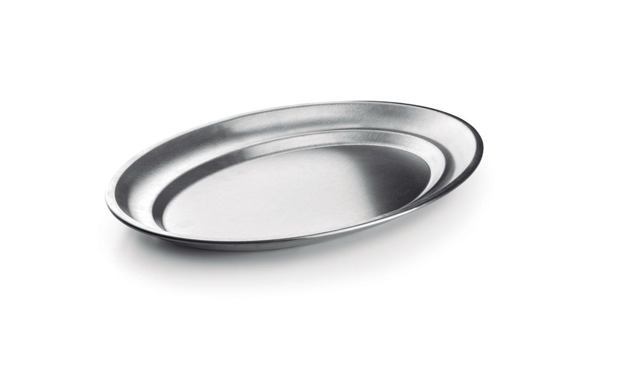 Stainless steel oval platter on a white background