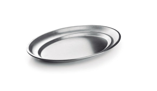 Stainless steel oval platter on a white background