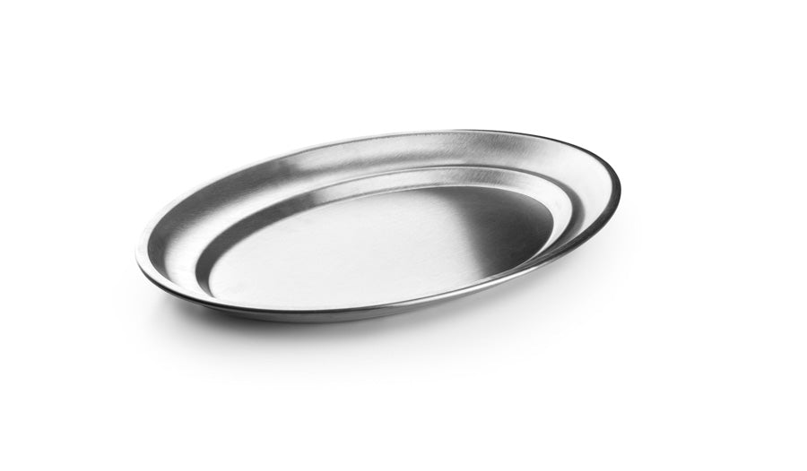 A shiny silver oval metal serving platter on a clean white background.