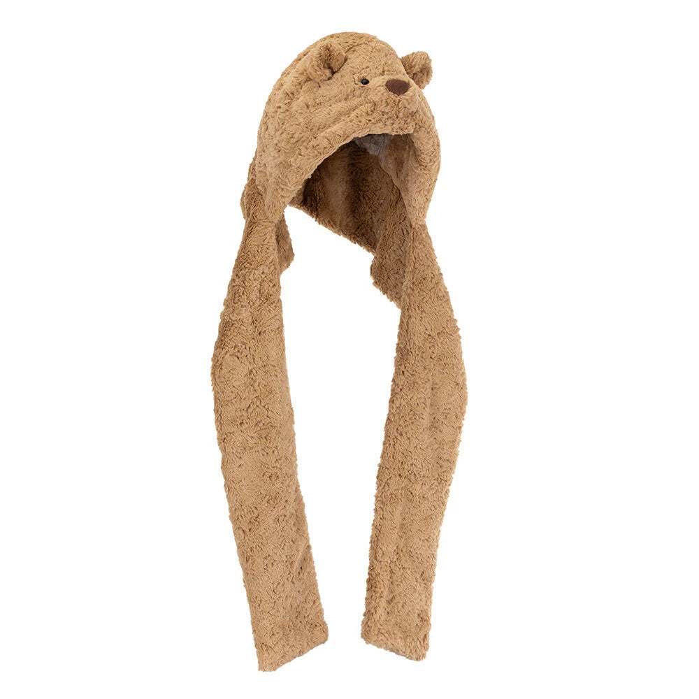 Brown teddy bear-shaped scarf on a white background