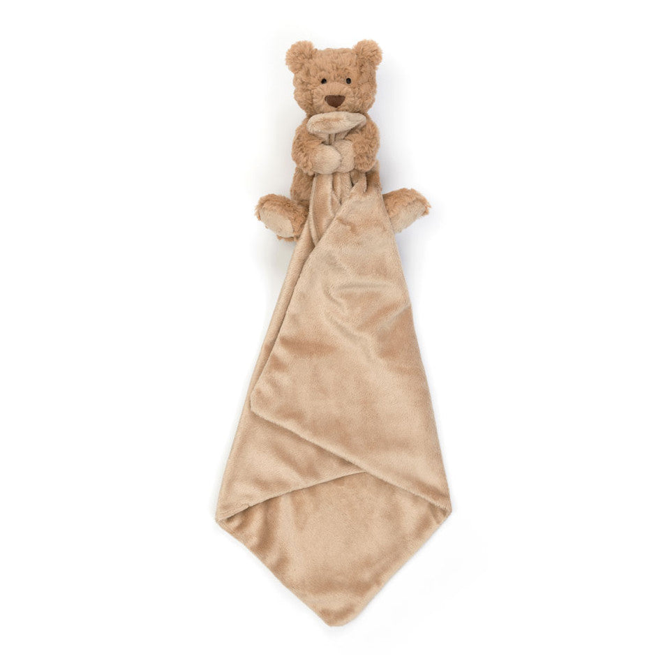 A plush teddy bear security blanket featuring a soft tan teddy bear holding a matching plush blanket, photographed against a solid white background.