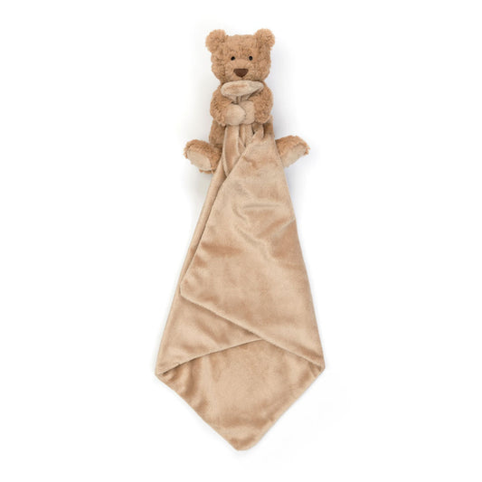 A plush teddy bear security blanket featuring a soft tan teddy bear holding a matching plush blanket, photographed against a solid white background.