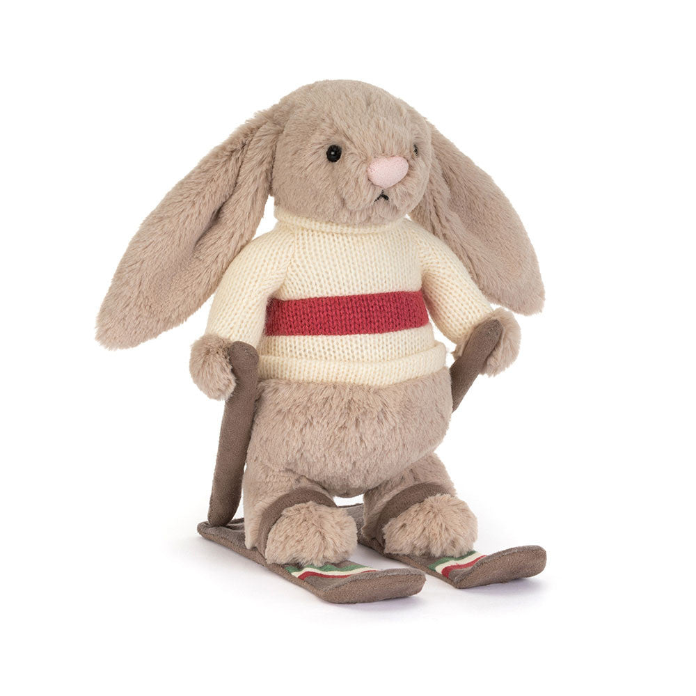 Jellycat Bashful Bunny Gold Medal Ski Outfit soft toy on a white background 