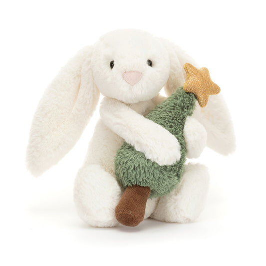 Jellycat Bashful Bunny holding a christmas tree