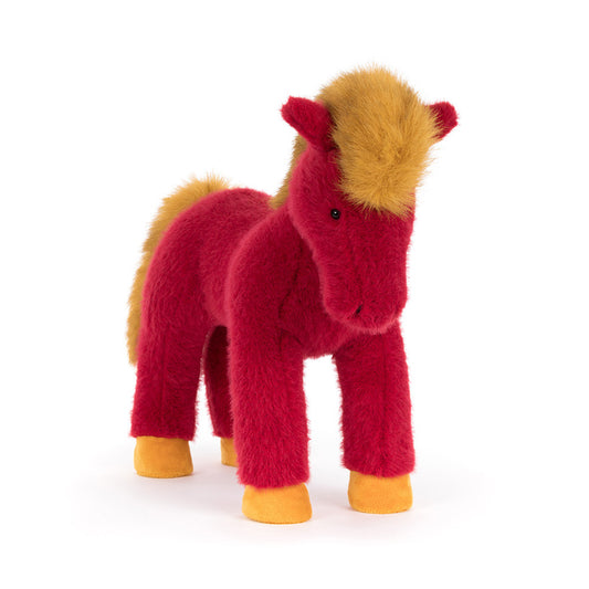 Jellycat soft toy red horse with gold/yellow detailing on a white background 