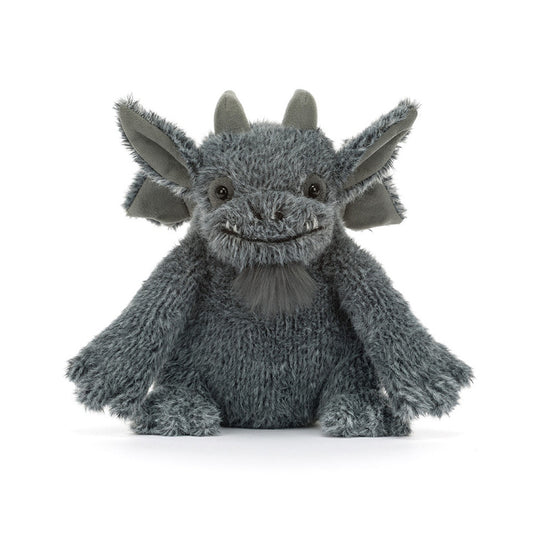 A plush gray dragon toy with large pointed ears, small horns, and a soft furry texture, centered on a clean white background.