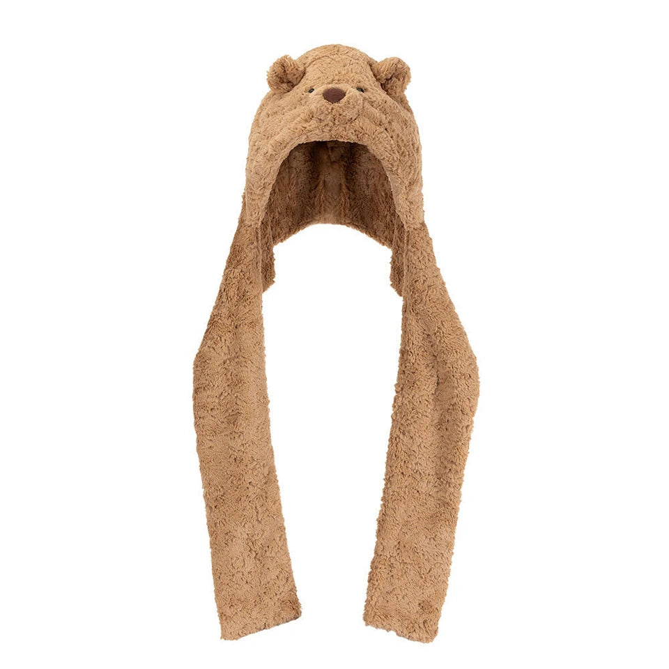 A plush teddy bear hooded scarf in a warm brown color, featuring embroidered bear ears and a small stitched nose on the hood, set against a plain white background.