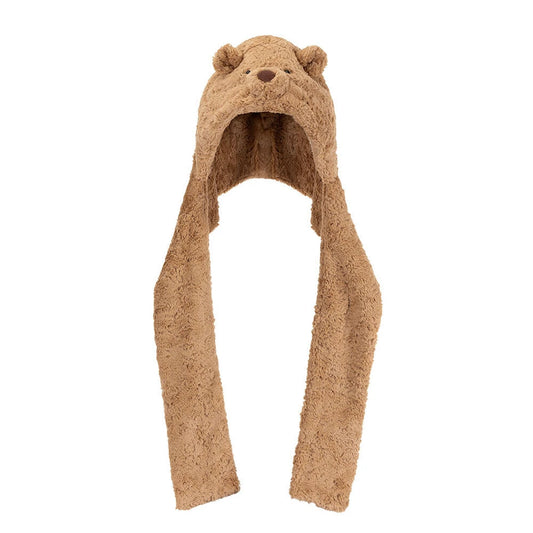 A plush teddy bear hooded scarf in a warm brown color, featuring embroidered bear ears and a small stitched nose on the hood, set against a plain white background.