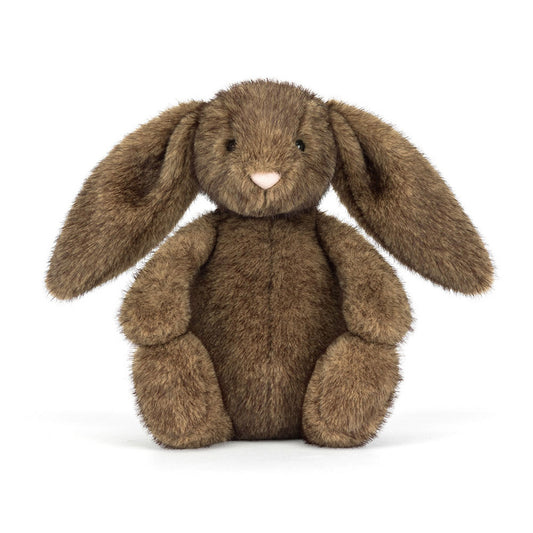 Brown plush bunny toy on a white background