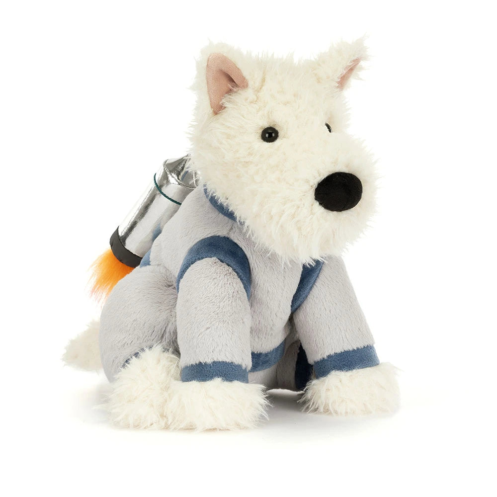 Plush toy dog in a sweater with a thermos on a white background
