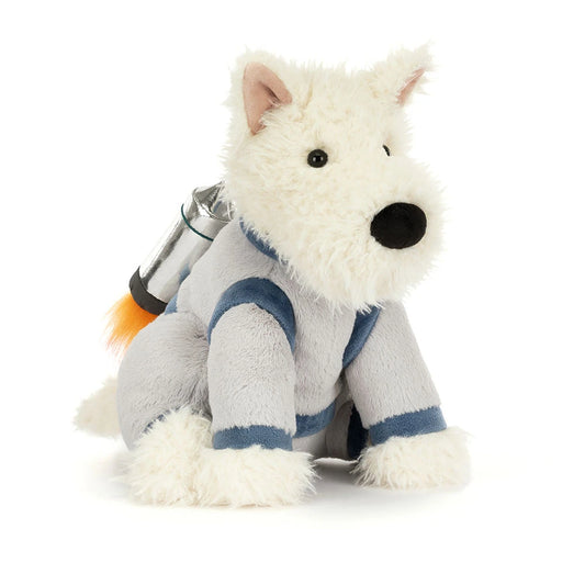 Plush toy dog in a sweater with a thermos on a white background