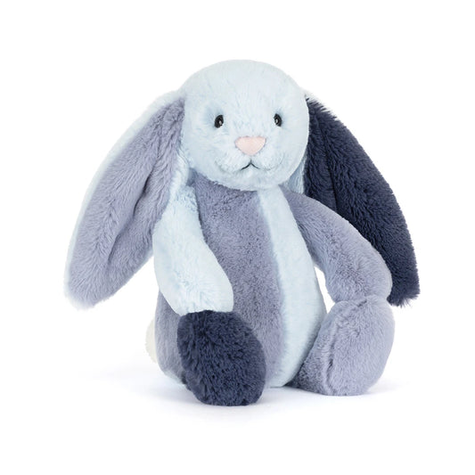Plush toy rabbit with gray and blue fur on a white background