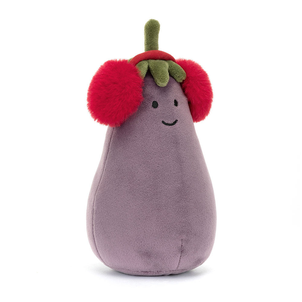 Jellycat Toastie Vivacious Aubergine Soft Toy wearing red earmuffs