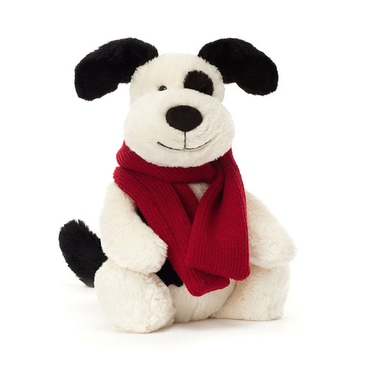 Jellytcat Winter Black and White Puppy soft toy wearings a red scarf