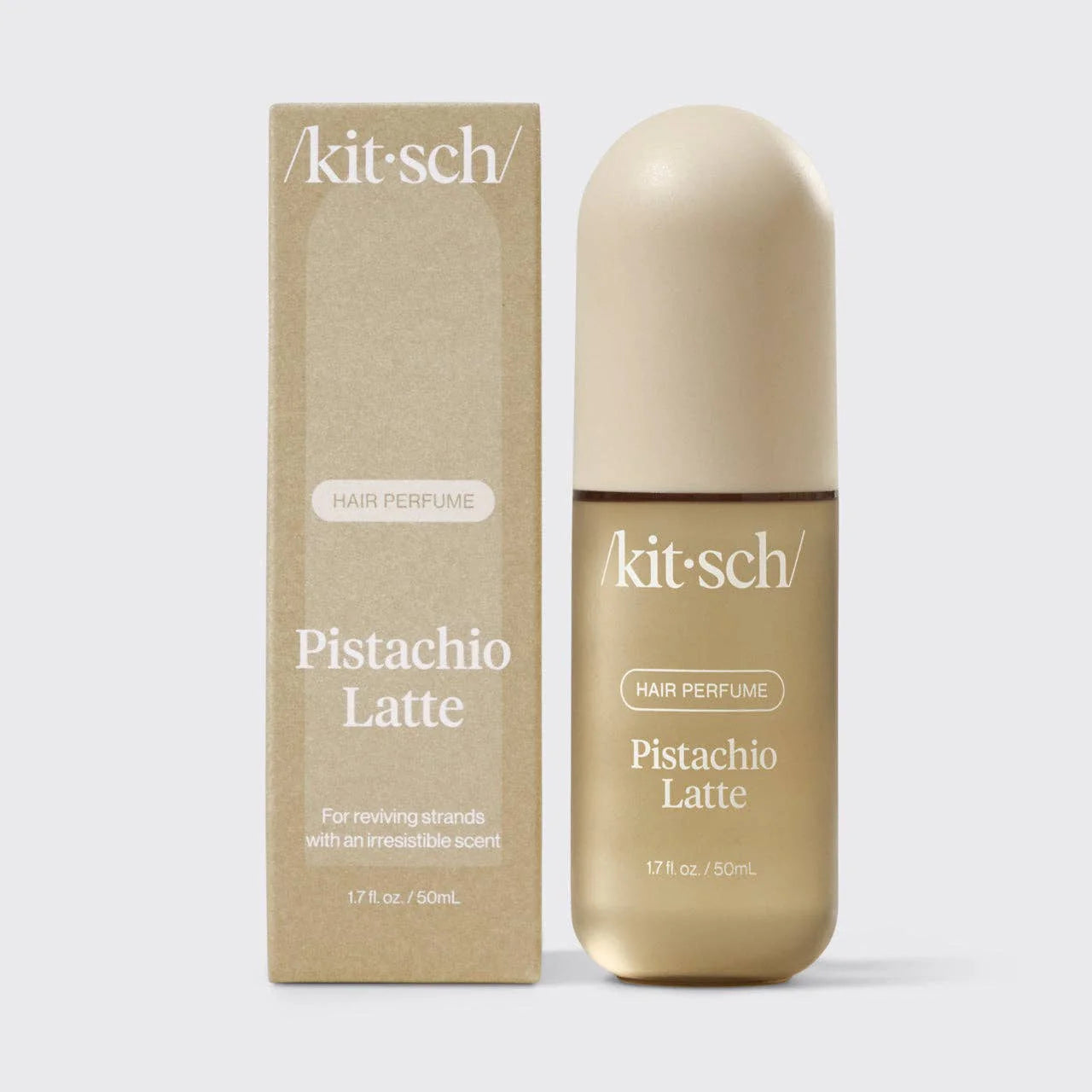Kitsch Pistachio Latte hair perfume bottle and packaging on a white background