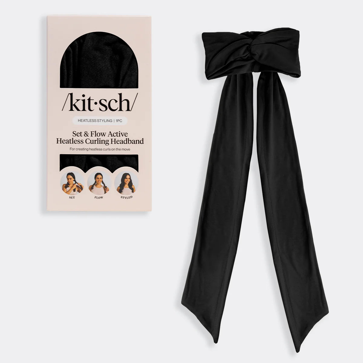 Black headband with a bow and 'kit-sch' packaging on a white background