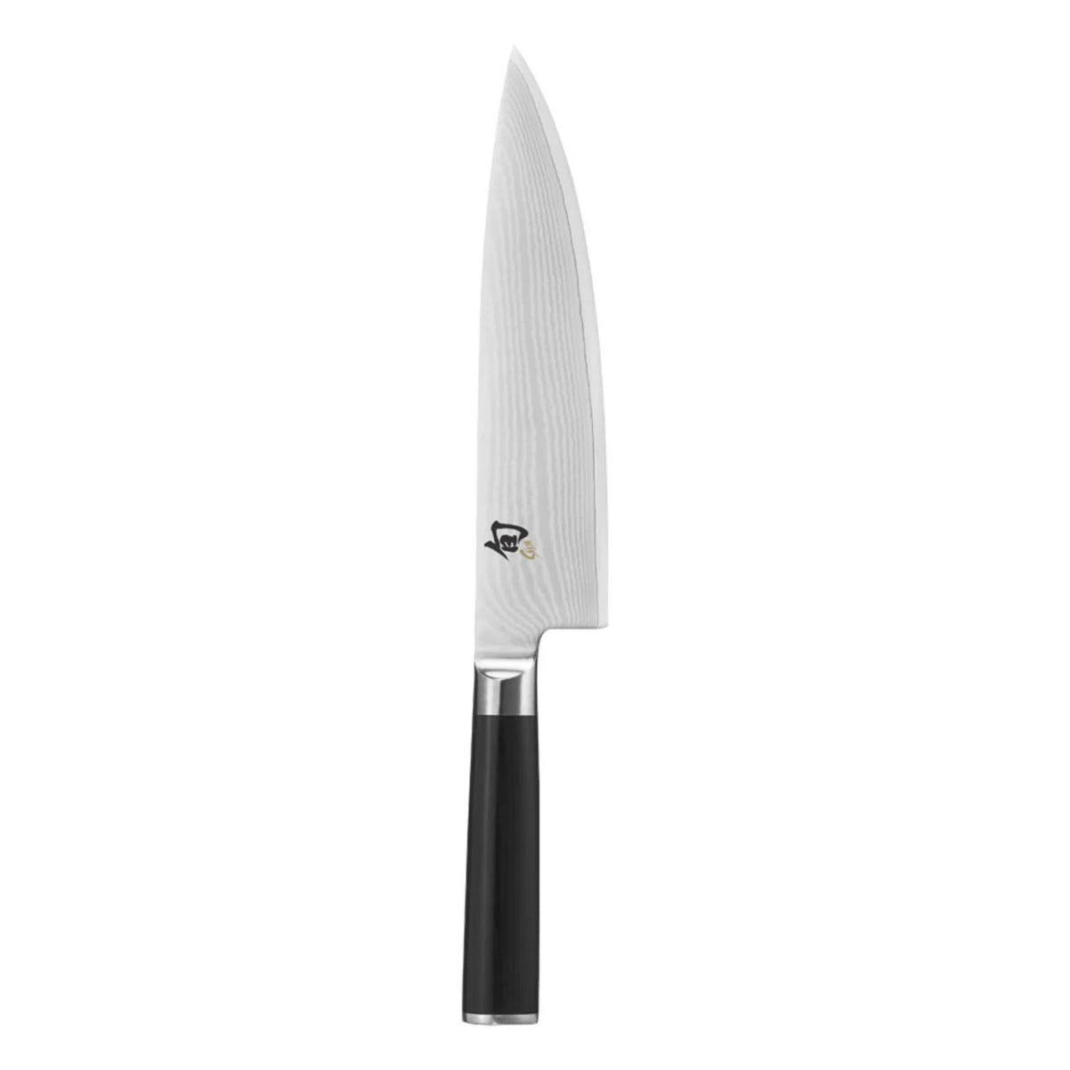 A Japanese-style kitchen knife with a Damascus steel blade and a black handle, shown vertically against a plain white background.