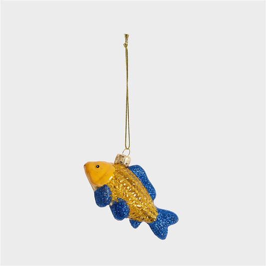 Decorative fish ornament with gold and blue glitter on a white background
