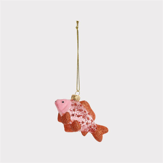 Decorative fish ornament with pink and orange pattern on a white background