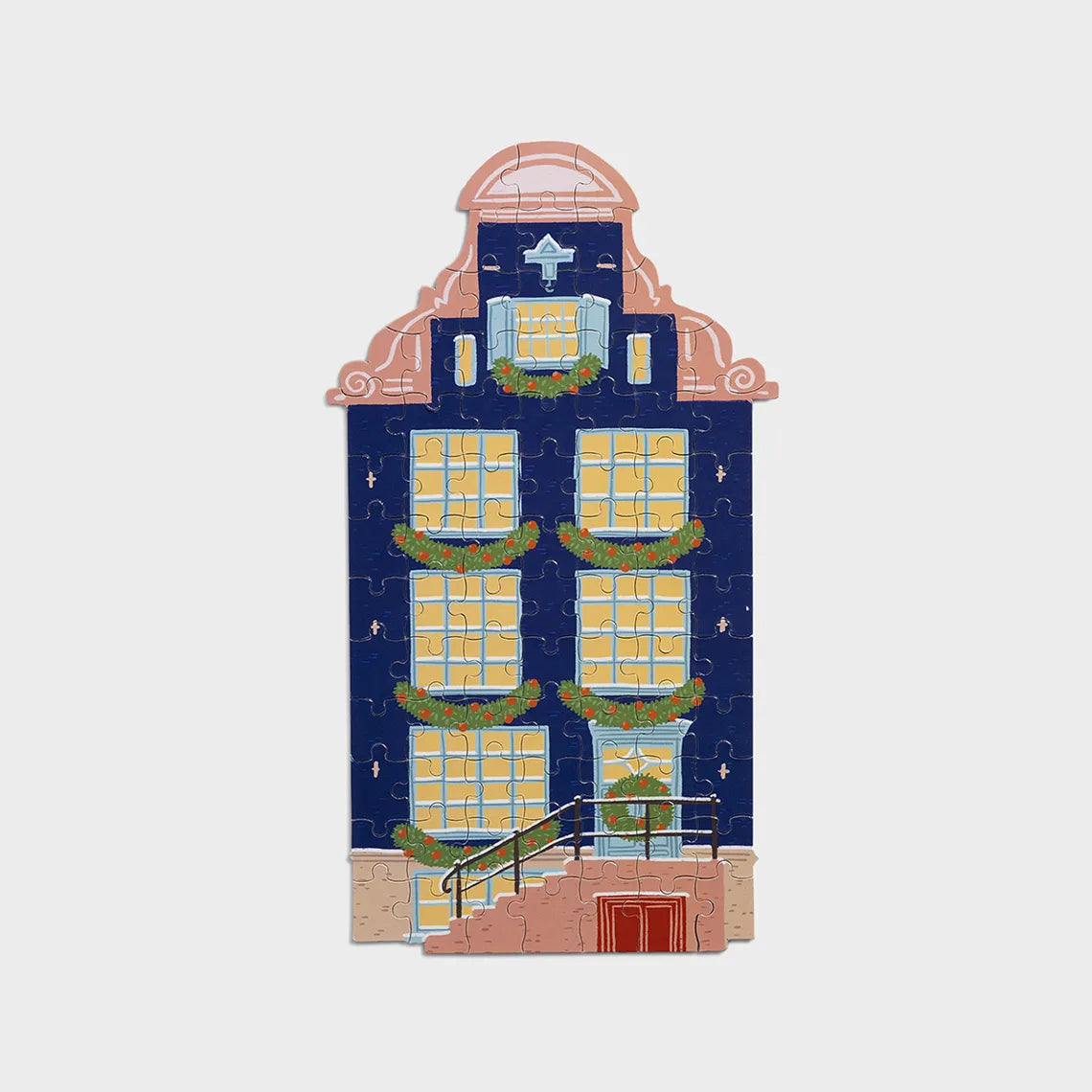 Jigsaw Illustration of a festive building facade with windows and decorative elements on a light gray background