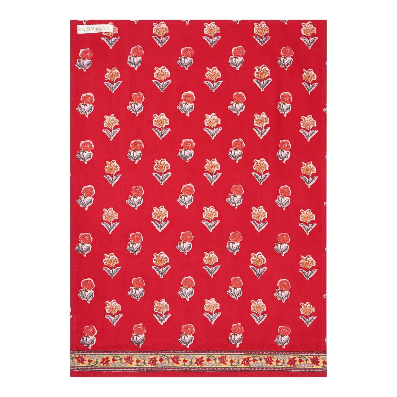 Ecoveeve Red floral pattern Tea Towel on a white background 