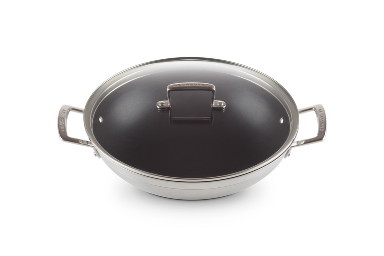 le creusey 3-ply stainless steel non-stick wok with glass lid