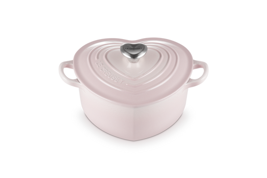 cast iron heart shaped casserole with heart knob 20cm in shell pink