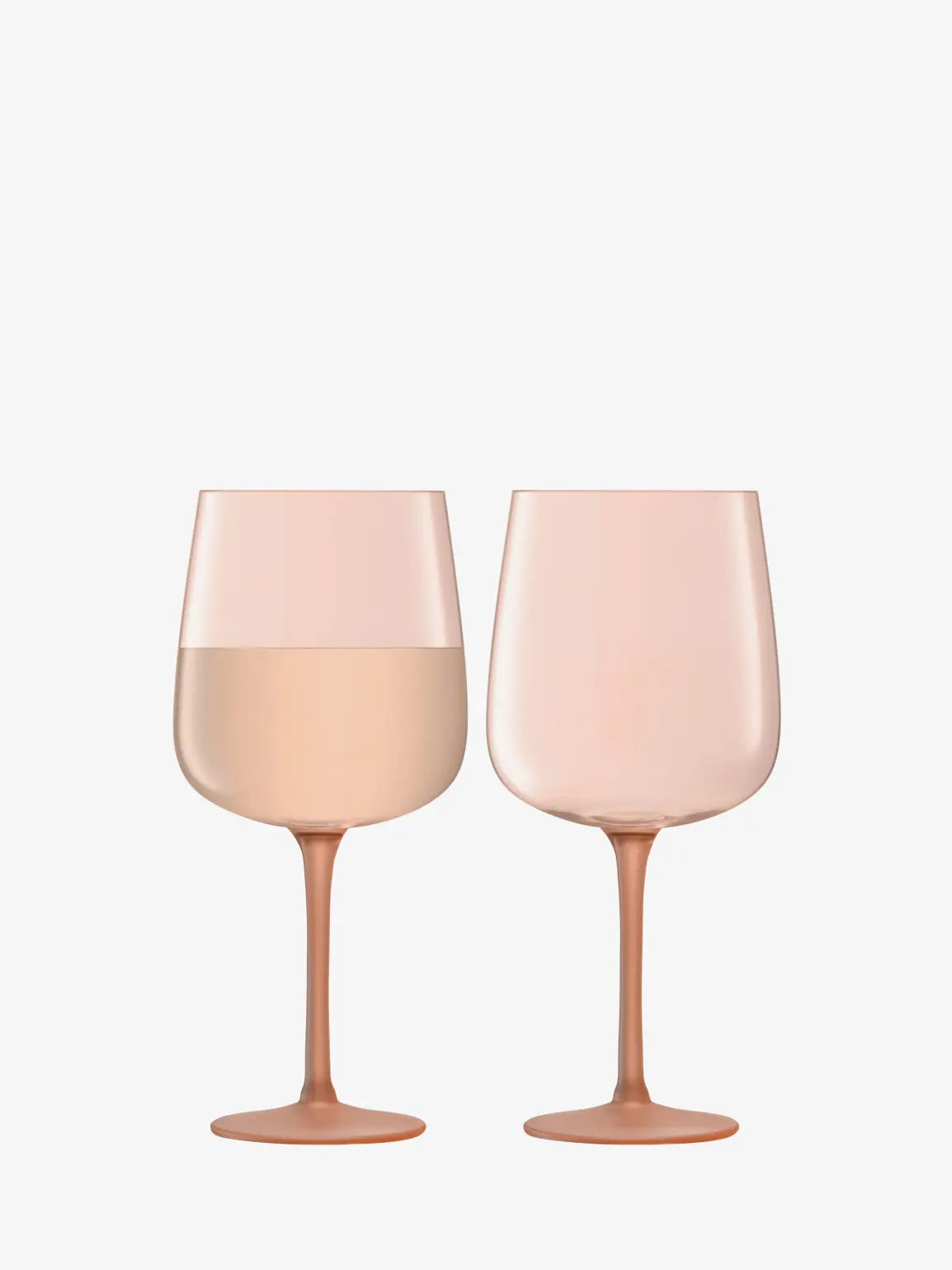 Two pink wine glasses on a white background