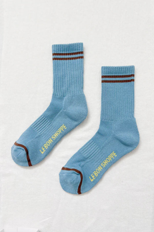 Le Bon Shoppe Boyfriend Socks in Powder Blue with Brown stripes