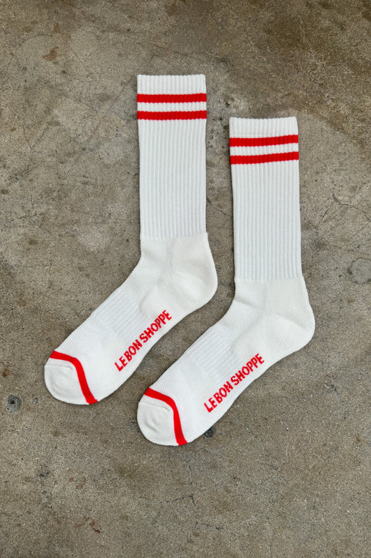 Le Bon Shoppe Extended Boyfriend Socks in  Clean White with two red stripes at the top 