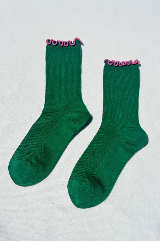 Le Bon Shoppe x Noble Ruffled Modal Socks Spinach/Pink Edge