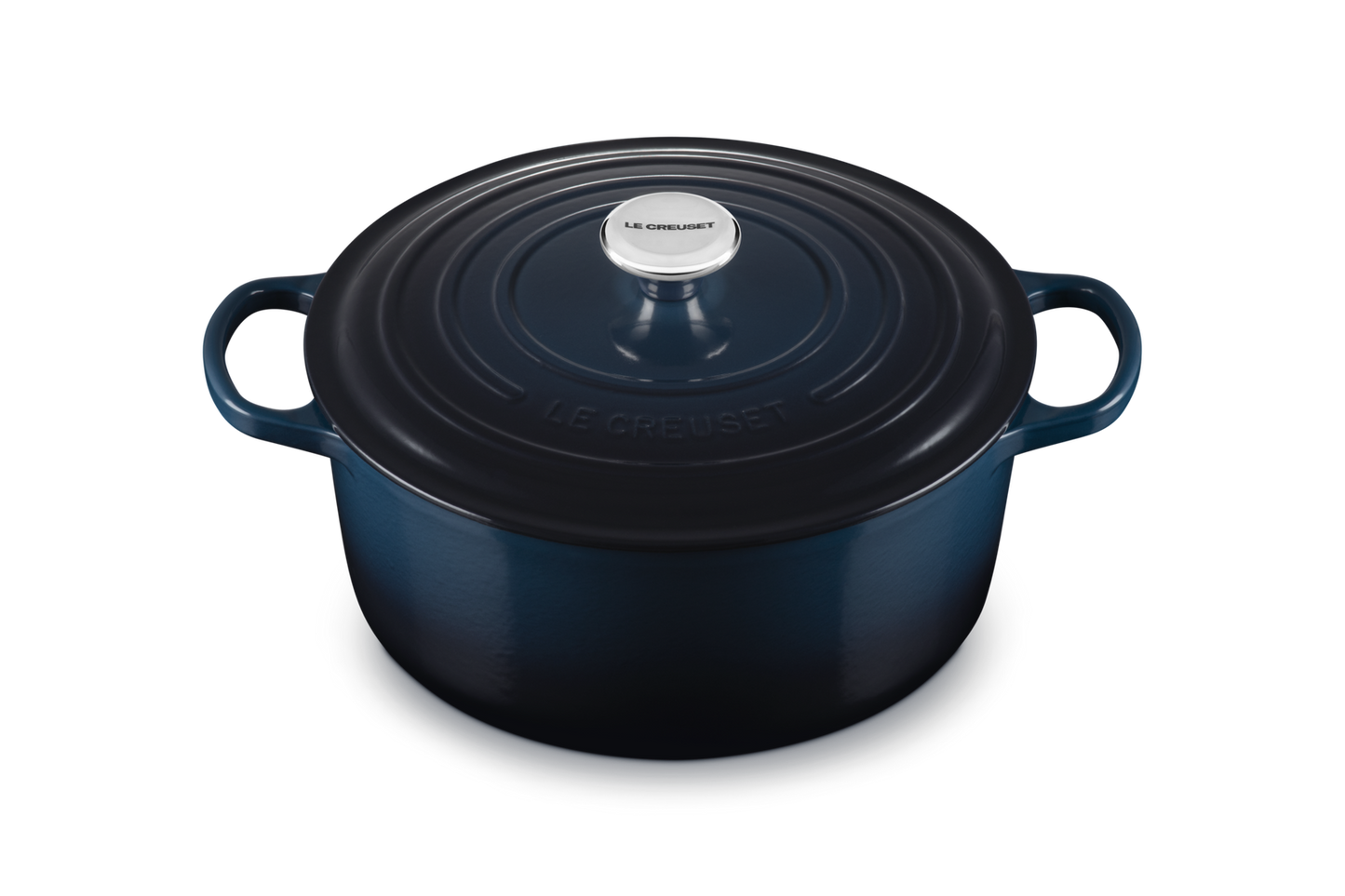 Blue cast iron cookware pot with lid on a white background