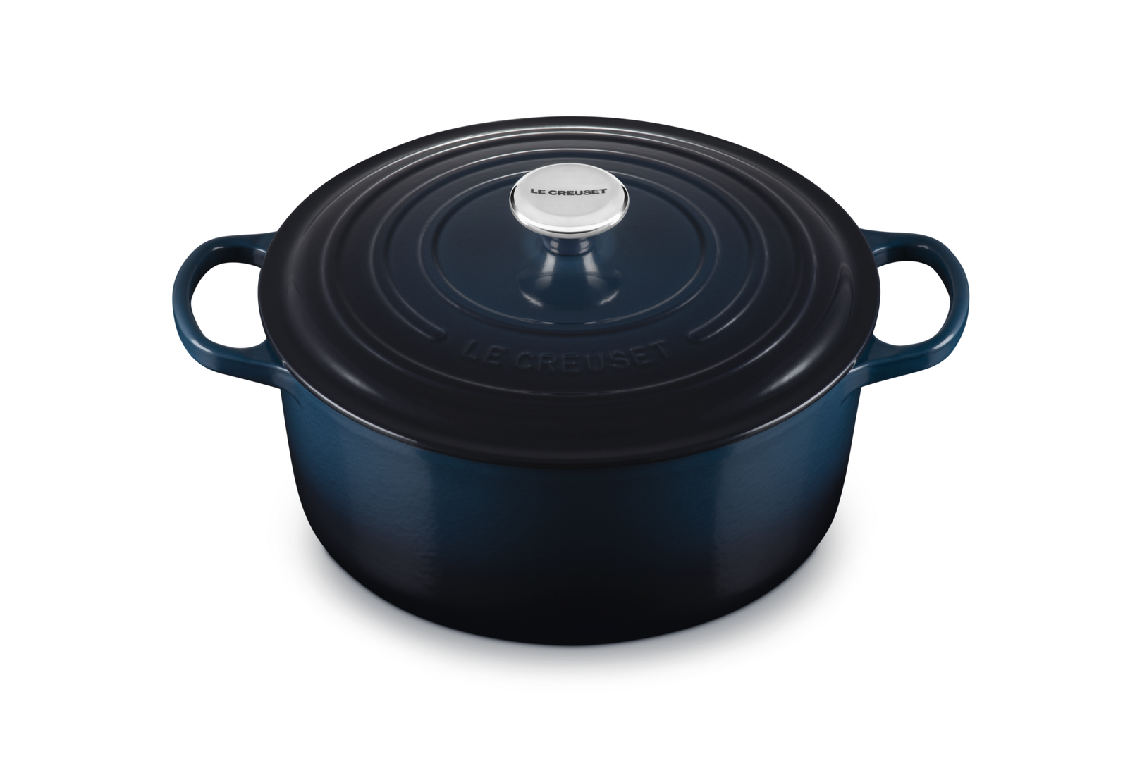 Blue cast iron cookware pot with lid on a white background