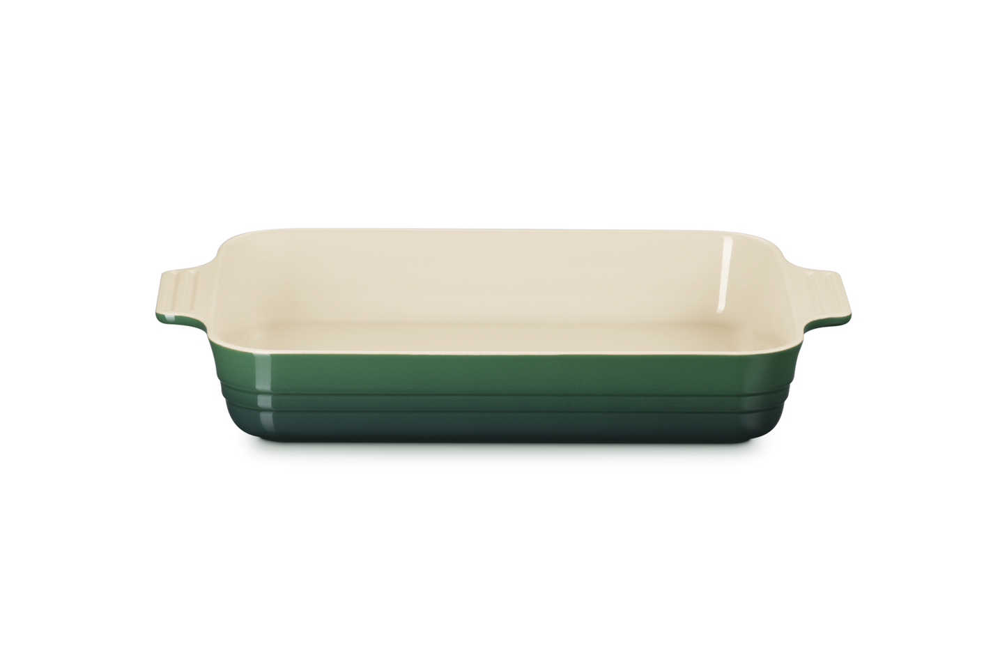 Le Creuset Classic Stoneware dish in cactus green colour with cream interior. 