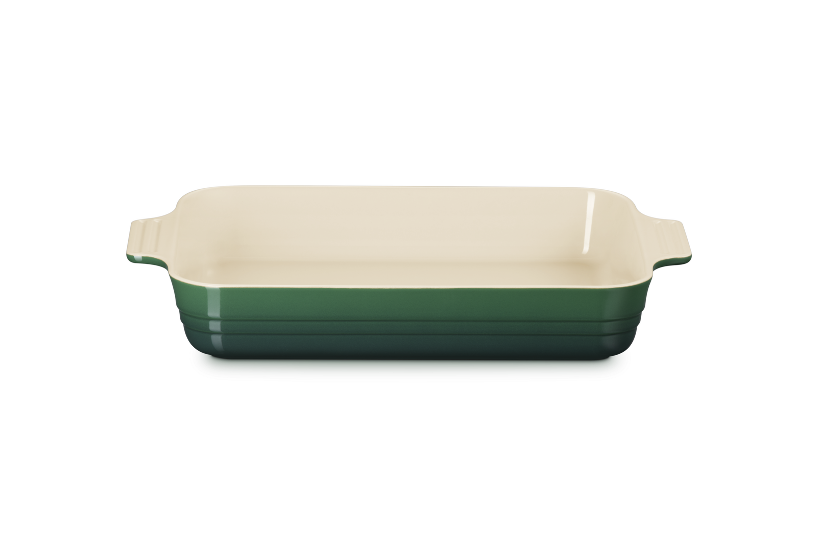 Le Creuset Classic Stoneware dish in cactus green colour with cream interior. 