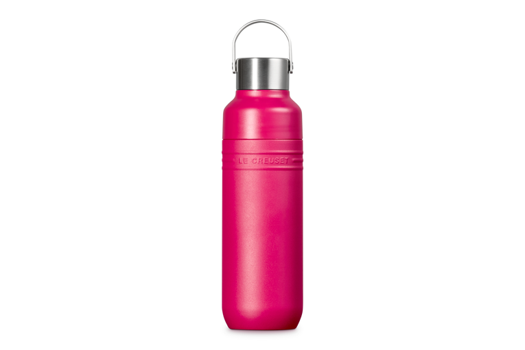 Pink water bottle with silver cap on a white background