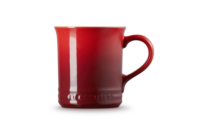 Red mug with a visible brand logo on a white background