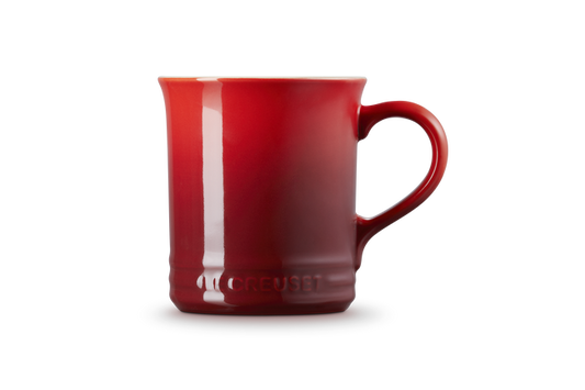 Red mug with a visible brand logo on a white background