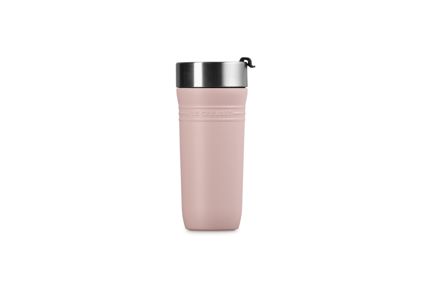 Pink travel mug with a black lid on a white background