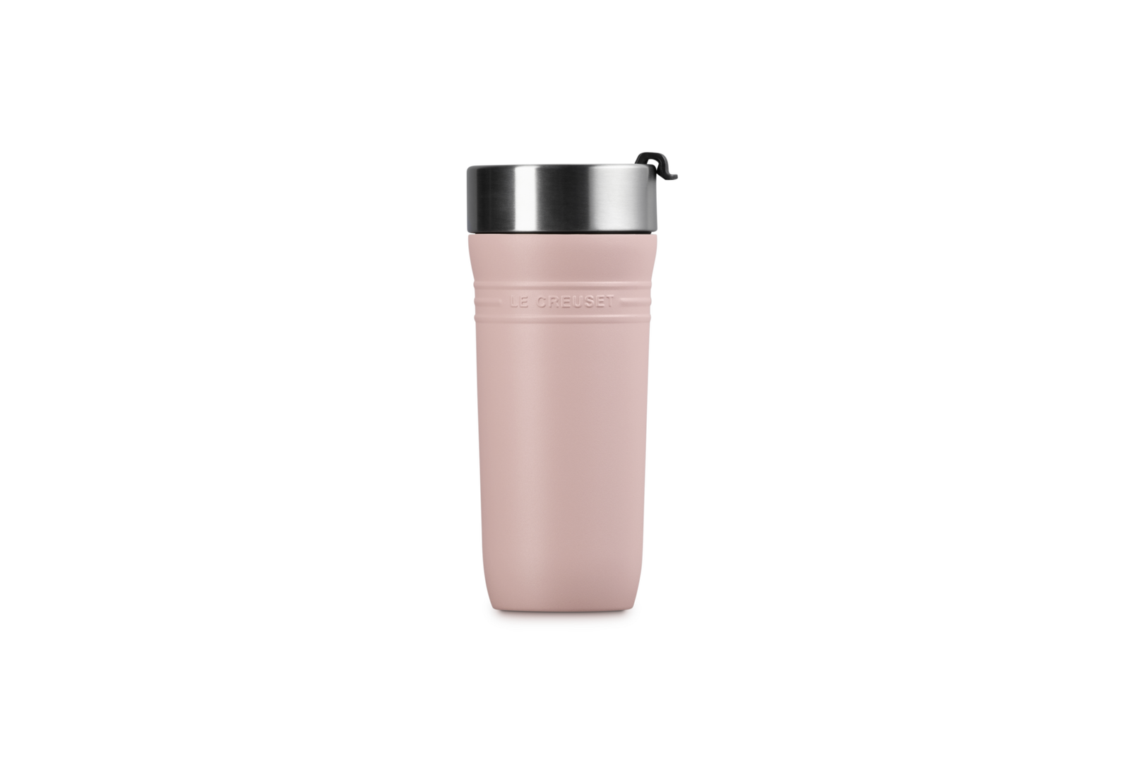 Pink travel mug with a black lid on a white background