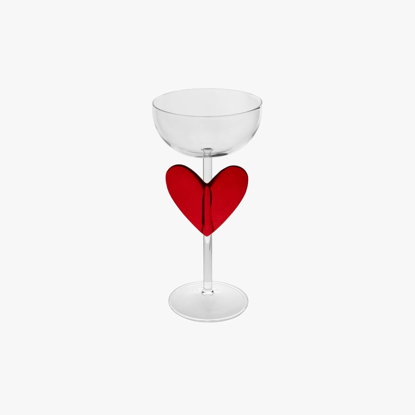 Clear glass with a red heart-shaped accent on a white background