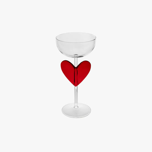 Clear glass with a red heart-shaped accent on a white background